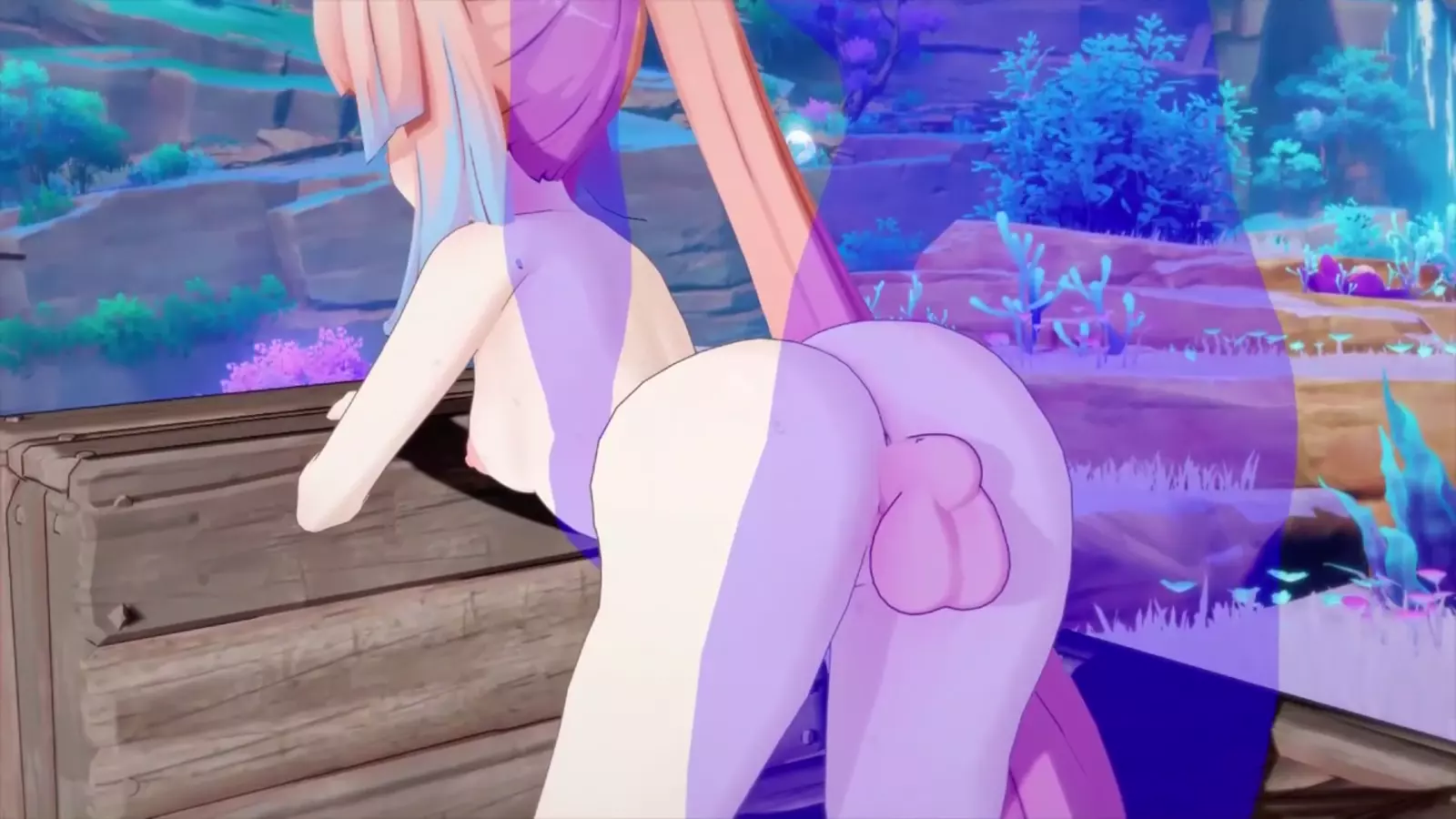 A tomcat hentai character vibrant wearing leggings in a mystical forest setting